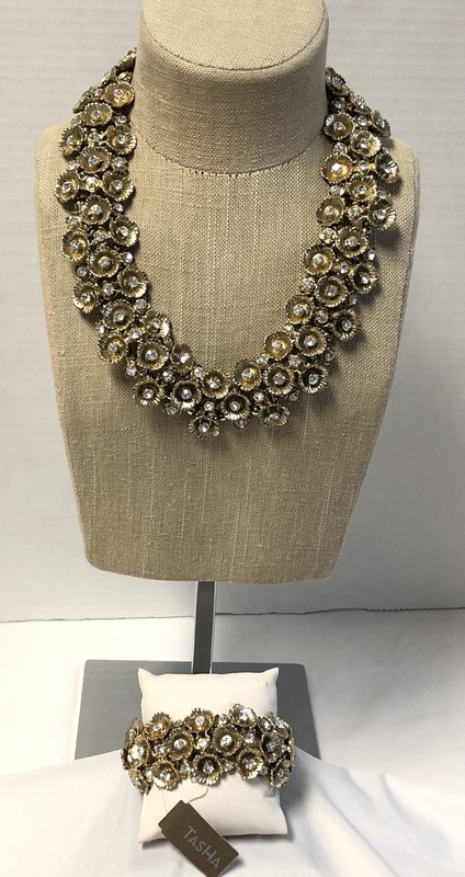 Gold Tone White Rhinestone Statement Necklace 21" & Bracelet Jewelry Set