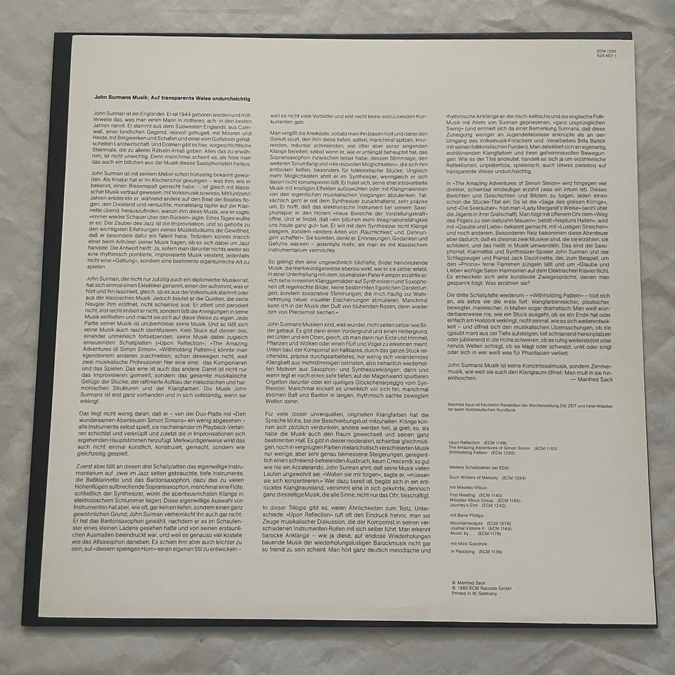 JOHN SURMAN Withholding Pattern ECM German Record LP Jazz 1985 EX EX 1295 - Image 3 of 4