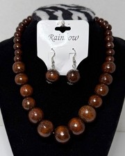 Set of Dark Wood Graduating Bead Necklace and Dangle Hook Earring NWT