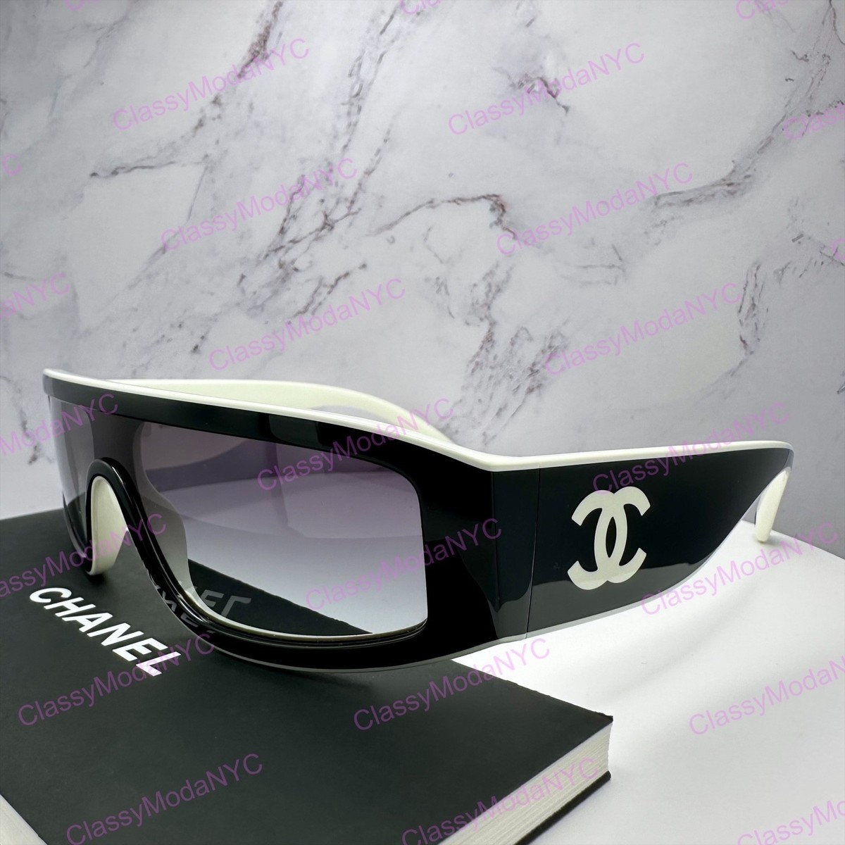 CHANEL Sunglasses NIB Shield Wrap Black & White Gradient Lens