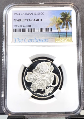 1974 CAYMAN ISLANDS SILVER 50 CENTS EMPEROR FISH NGC PF 69 ULTRA CAMEO SCARCE