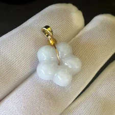 White Jade Jadeite 'Five-petal Flower' Pendant Charm 20x20mm, Free Necklace