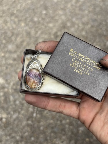 Vintage Sterling Silber großer Blue John Anhänger & Kette 70er Derbyshire abgebaut 925