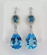 Lab Created London Blue Topaz 4Ct Pear Cut Dangle Earrings 14K White Gold Plated
