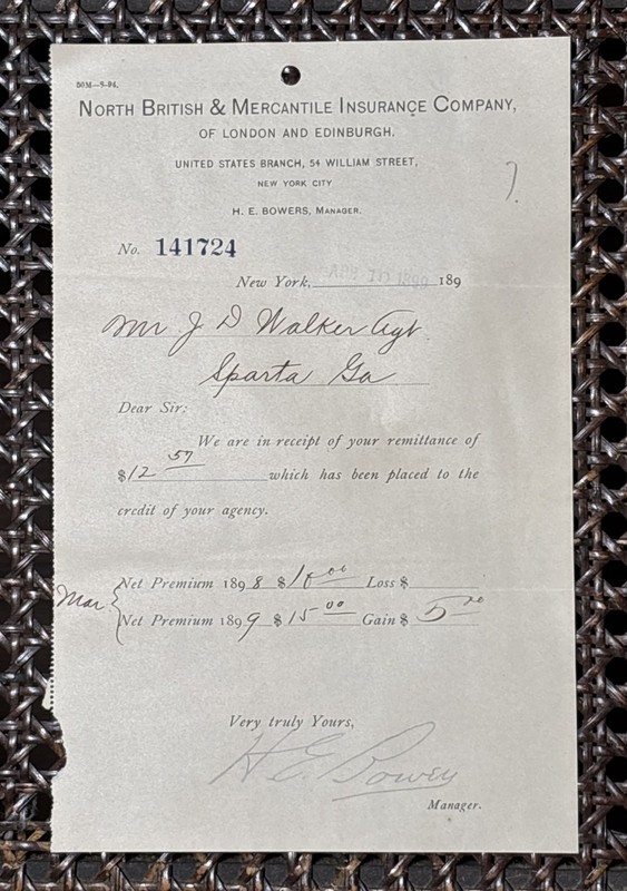 1899 North British Mercantile Insurance Co NY Perforated Receipt Billhead Paper