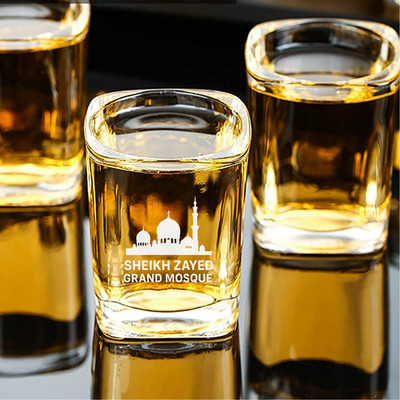 Custom Engraved Sheikh Zayed Mosque Shot Glass   2.2 oz Square Glass