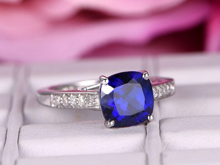 2.20 Ct Cushion Natural Sapphire Diamond Wedding Ring 14K Real White Gold Size 6