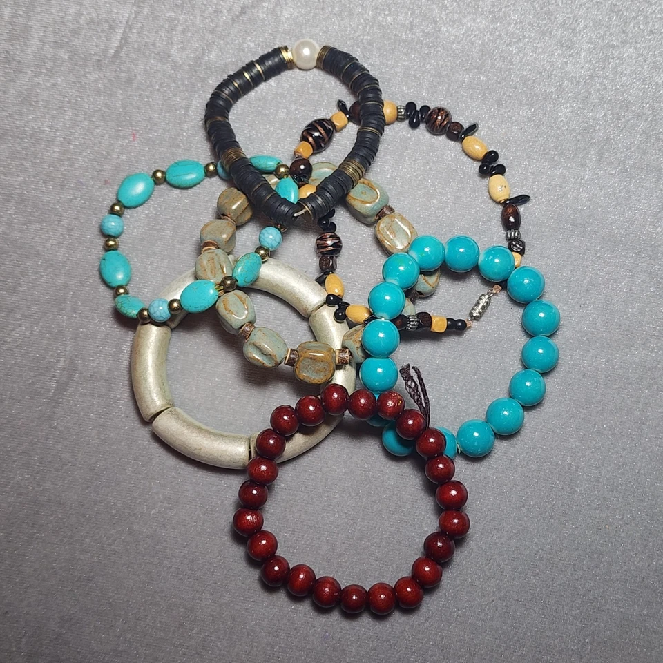 Lote de 7 Pulseras Elásticas Boho Cuentas - Cerámica, Madera, Latón, Azul Turquesa Be Foto 3 de 4