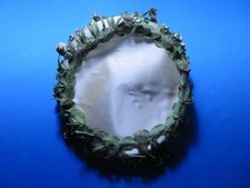 VINTAGE White Satin Pillbox Hat w/ Floral Brim. Green Leaves  Stems. White Buds