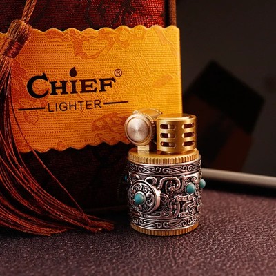 CHIEF Benzin-Feuerzeug Messing/Stahl klein rund mit Box