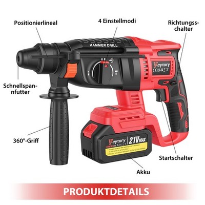 Kabellos Bohrhammer Schlagbohrer SDS-Plus Bohrmaschine mit 2 Batterien 4-Modus