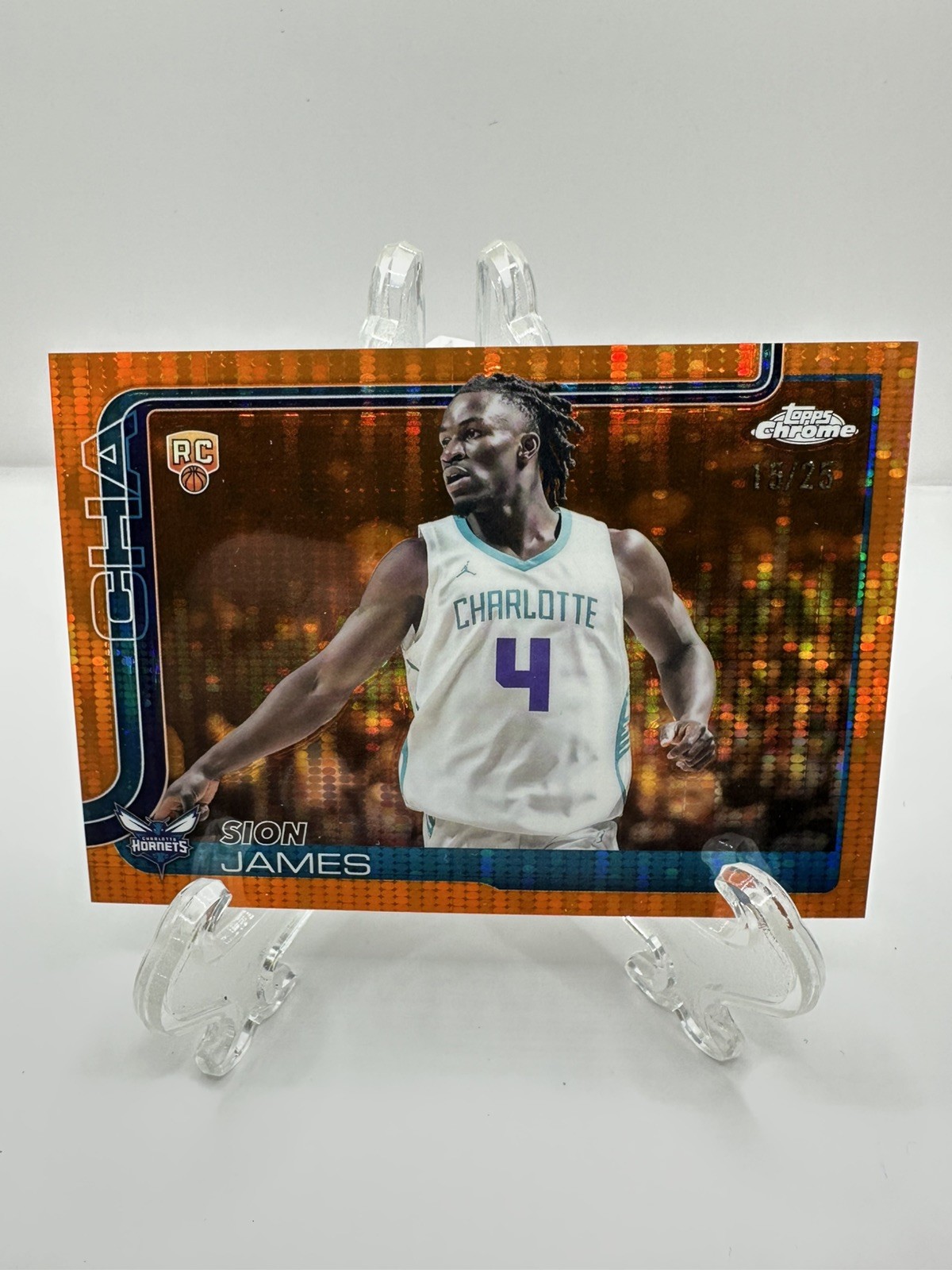 Sion James 2025-26 Topps Chrome Orange Pulsar Refractor /25 SSP RC #283 Hornets