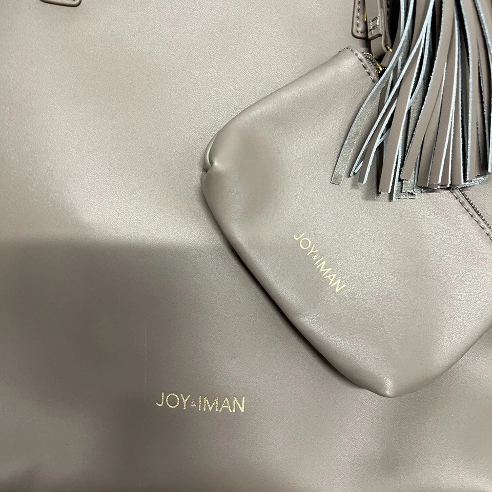JOY & IMAN Tassel Real Leather Handbag Tote with Fabric Insert, Gray - Image 2 of 4