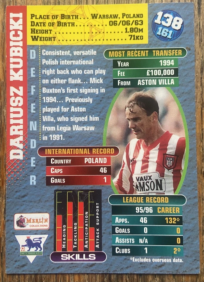 1996 Merlin Premier Gold Card DARIUSZ KUBICKI: Sunderland. #138/161. Excellent. - Image 2 of 2