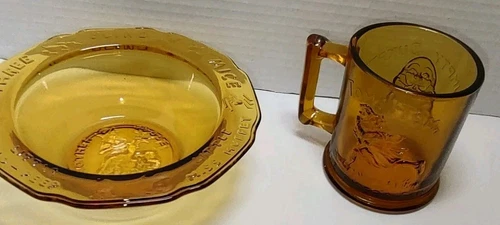 Tiara Indiana Amber Glass Child's Nursery Rhyme Plate Mug Bowl Set Mother Goose