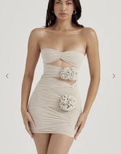 House Of CB CATERINA Fog Floral Embellished Mini Dress Strapless Beige Medium