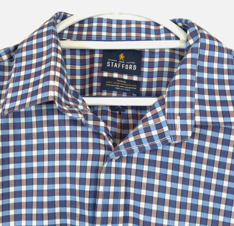 Stafford Dress Shirt Mens 18 34/35 Blue White Gingham Plaid Travel Easy Care