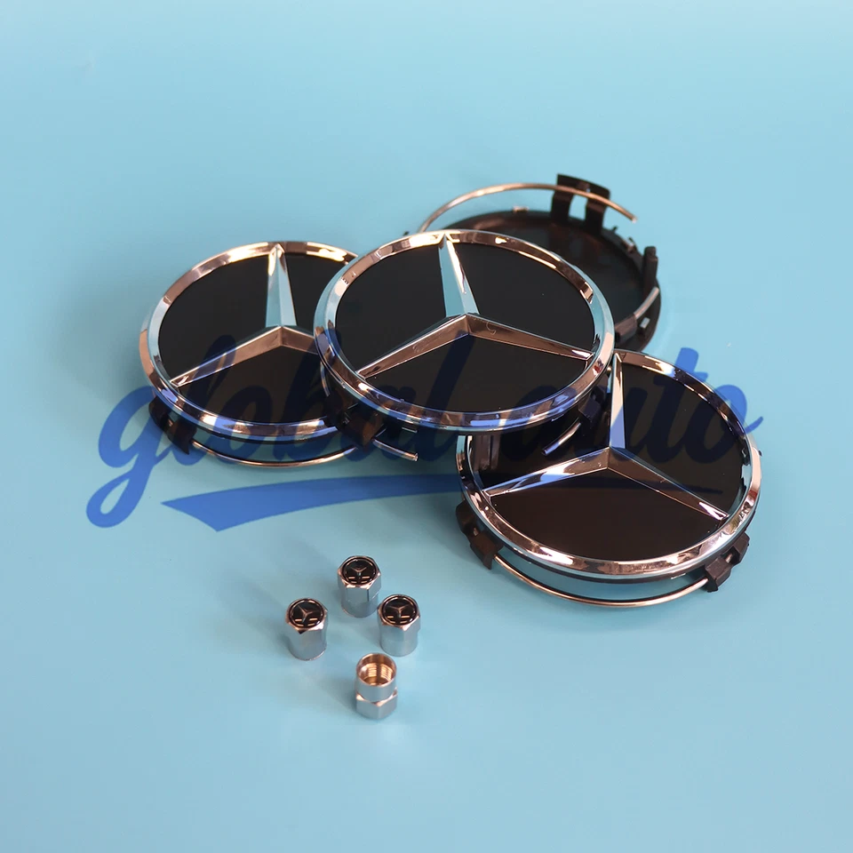 8 Piece BLACK / CHROME Set Fits for AMG Wheel Center Caps & Tire Air Capse - Image 3 of 4