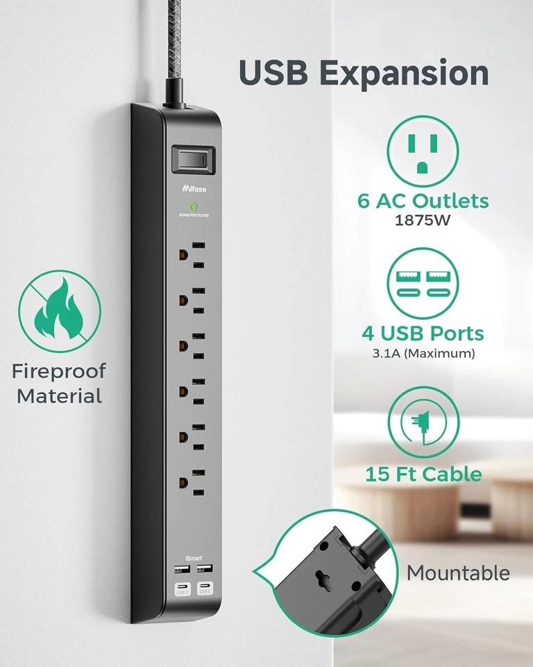 15FT Power Strip with USB Ports - Surge Protector, 6 Outlets - Image 4 of 4