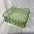 1930s Green Depression Uranium Vaseline Glass Ribbed Refrigerator Dish/Lid 8.5”