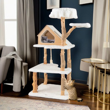 60" Solid Wood Cat Tree Tower for Indoor, Modern Cat Condo with Scratching Post,