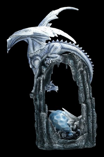 Große Drachen Figur - Schneedrache mit Jungem - Fantasy Drachenfamilie Statue - Bild 4 von 8