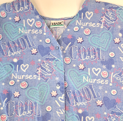 Simply Basic Snap Close Scrub Top Shirt Women's XL 48'' Blue ''I Love Nurses''