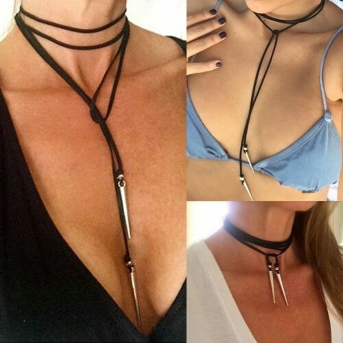 BLACK CHOKER LONG PENDANT POINT Necklace Choker Silver Wedding Party Chain UK - Picture 1 of 5
