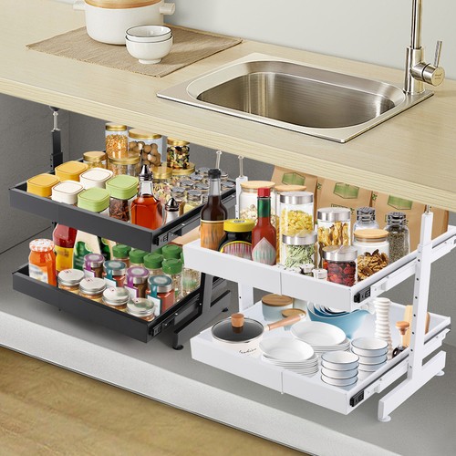 2-Tier Expandable Pull-out Cabinet Slide Out Organizer Drawers Cabinet Modern - Picture 2 of 32