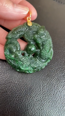 14K Solid Yellow Gold Carved Dragon Phoenix Green Jade Pendant