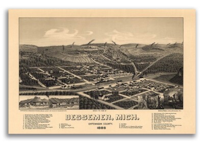 1886 Bessemer Michigan Vintage Old Panoramic City Map - 16x24