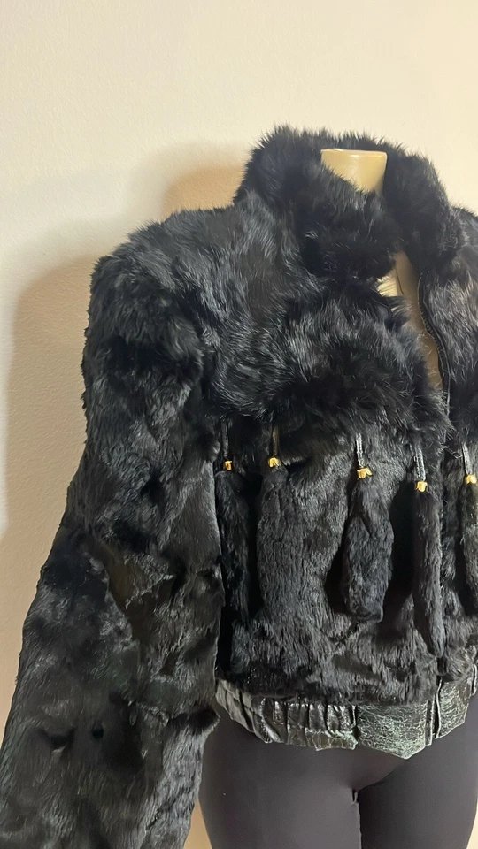 Vintage 80s Black Rabbit Fur & Leather Cropped Coat W/ Rabbit Tails - Image 4 of 4