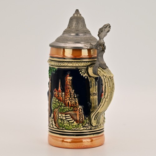 Original Vintage Signed German Ceramic Hand Painted Glazed Pewter Lid Beer Stein - Picture 13 of 16