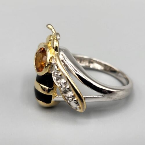 Signed Gold Plated Sterling Silver Citrine Enamel Bee Ring Sz 5.25 4g - Picture 3 of 13