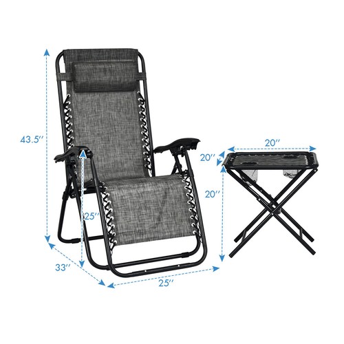 3PCS Zero Gravity Recliner Lounge Chairs Pillows Table Portable Folding Grey - Picture 2 of 12