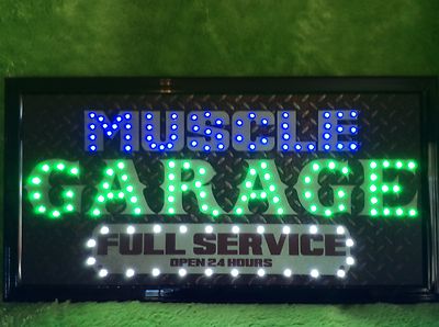LED Lighted & Blink Intermittent Framed MUSCLE GARAGE FULL SERVICE Sign  