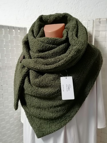 Dreieck warmer Schal  Winterschal Teddy doppelseitig kuschelweich oliv knopf - Bild 1 von 6