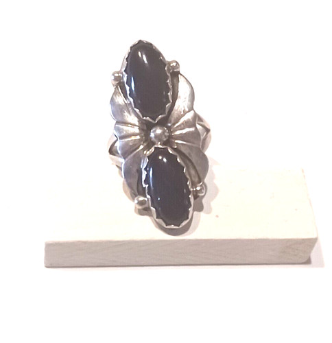 Native American Black Onyx & Sterling Silver Ring Signed INO