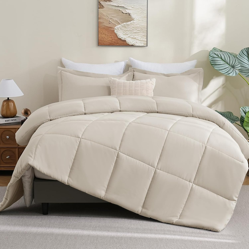 King Size Comforter Set - Beige Comforter King Size, 3 Pieces Box Stitched Bed S - Picture 6 of 9