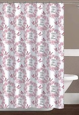 Pink White Fabric Shower Curtain: Country Floral Butterfly Bless Design