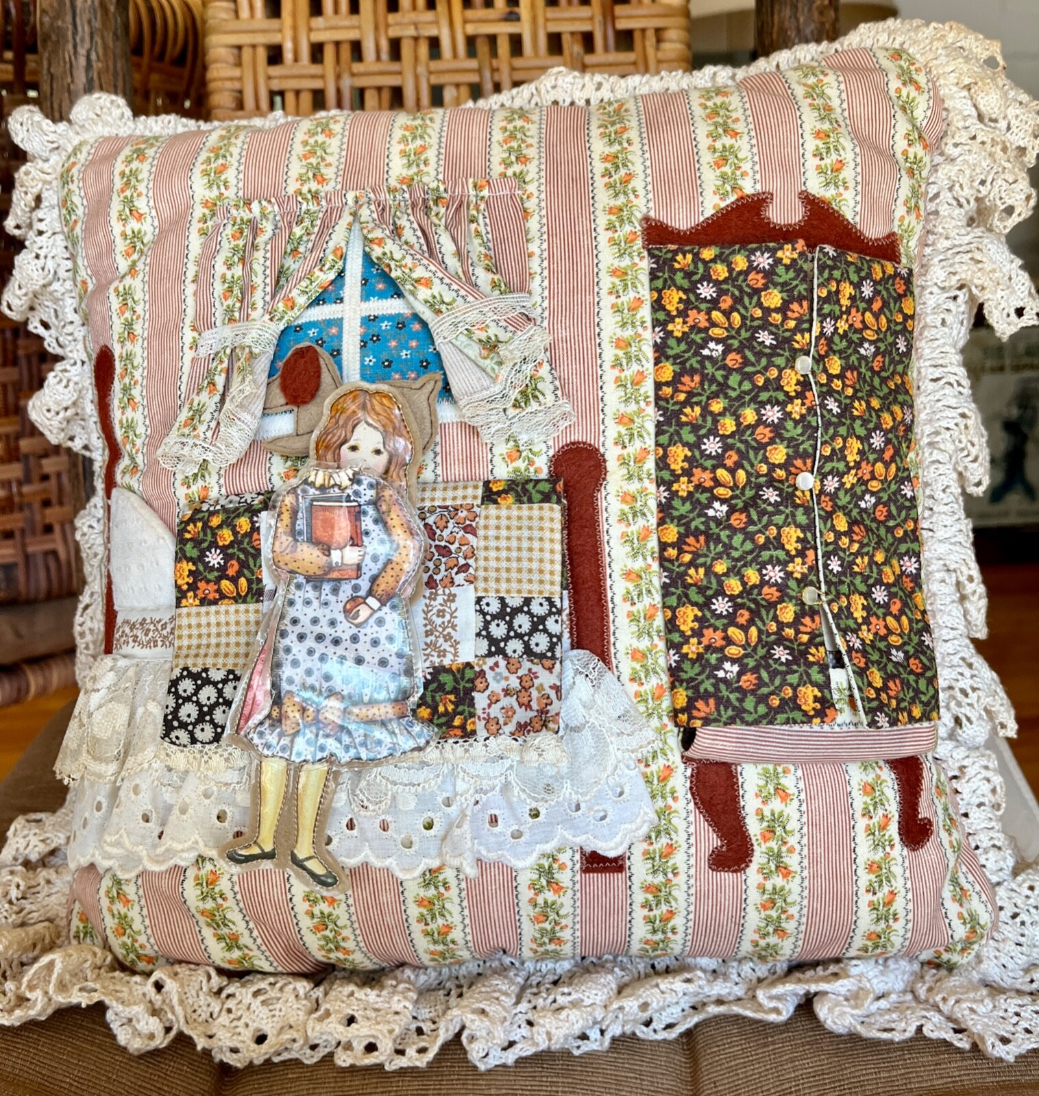 1973 Collectible Decorative Pillow  "Paper Doll" + Dresses Galleon Fabrics