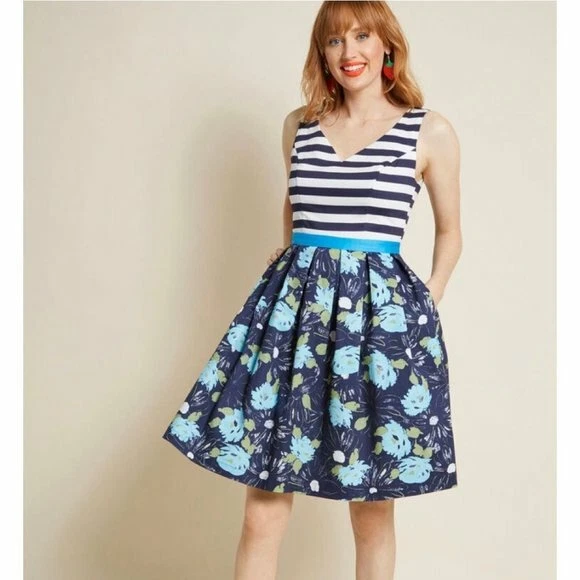 Modcloth Intriguing on Arrival Blue Striped Floral Fit and Flare Dress Size S - Image 2 of 4
