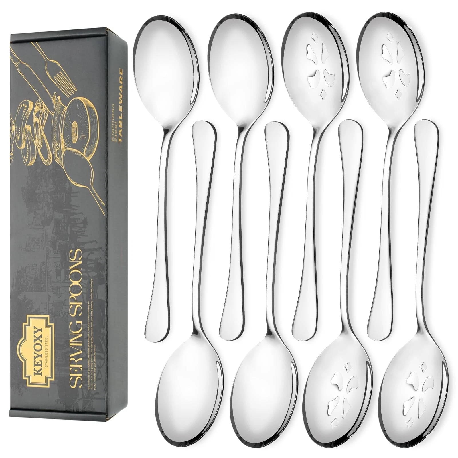 8 Piece Stainless Steel Serving Spoon Set - 4 Large, 4 Slotted,Dishwasher Saf...
