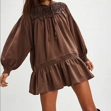 Free People Marty Smocked Mini Dress Brown Puffy Drop Sleeve Shapeless Hooded L
