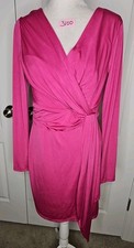 GUESS Long Sleeve Cocktail Dress Size 10 Ruched Deep V Strech PINK