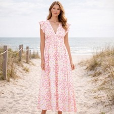 Sail to Sable V Neck Flutter Sleeve Maxi Dress Small pink yellow floral linen