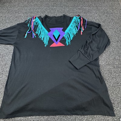 Vintage Raggs Plus Shirt Womens 2XL Black Fringe Aztec Western Pullover 80s 90s