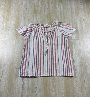 LOFT Outlet Top Womens XS Multicolor Striped Gold Metallic Shirt Flutter Cap Slv