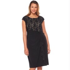 CHAPS Black party cocktail dress XL stretch sheath lace overlay Nude side Ruffle