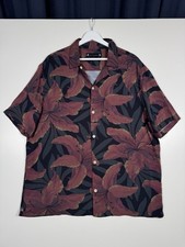 AllSaints Mens XL Black Burgundy Floral Print Dustlands Short Sleeve Shirt